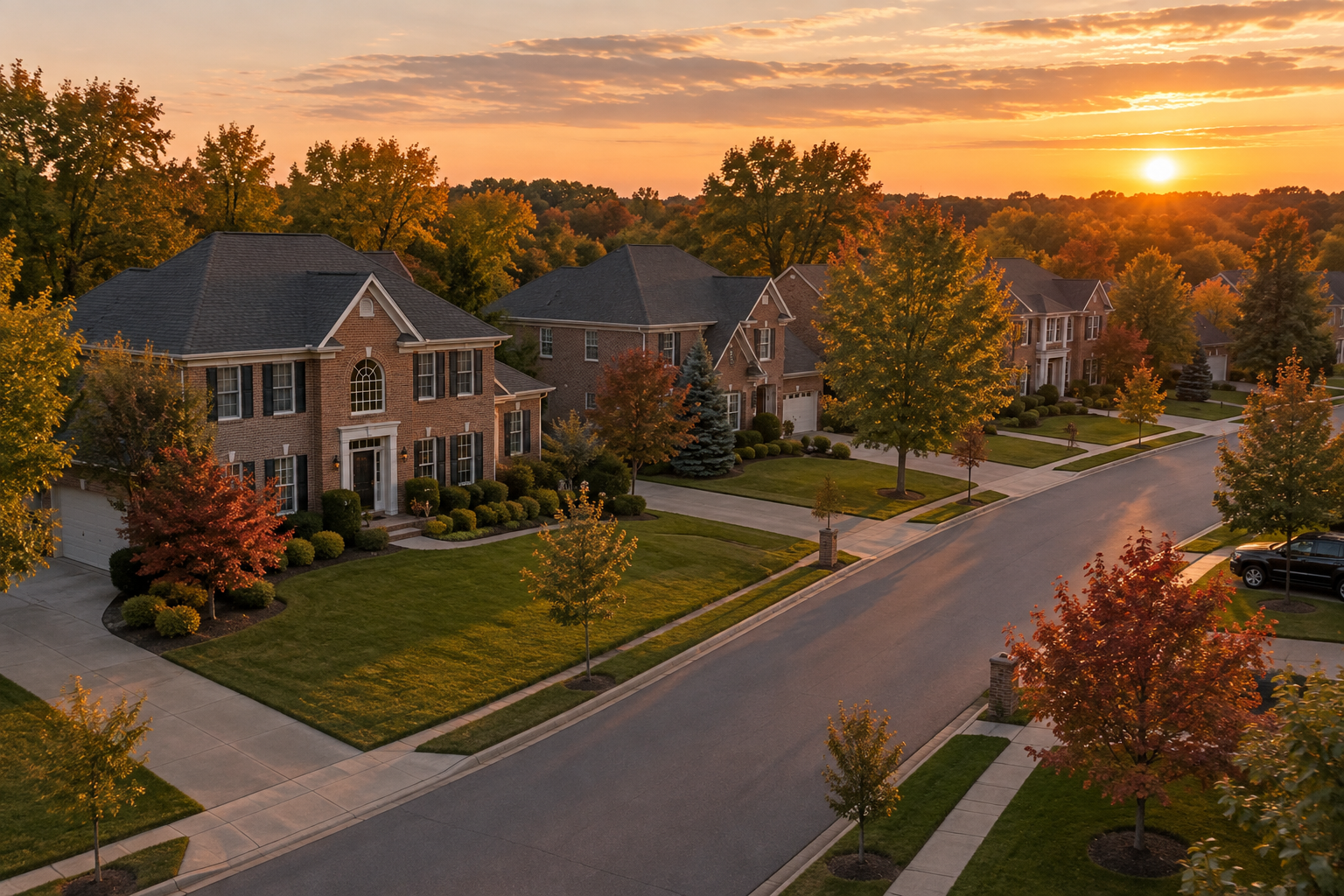 A Macomb County Michigan neighborhood street at dusk