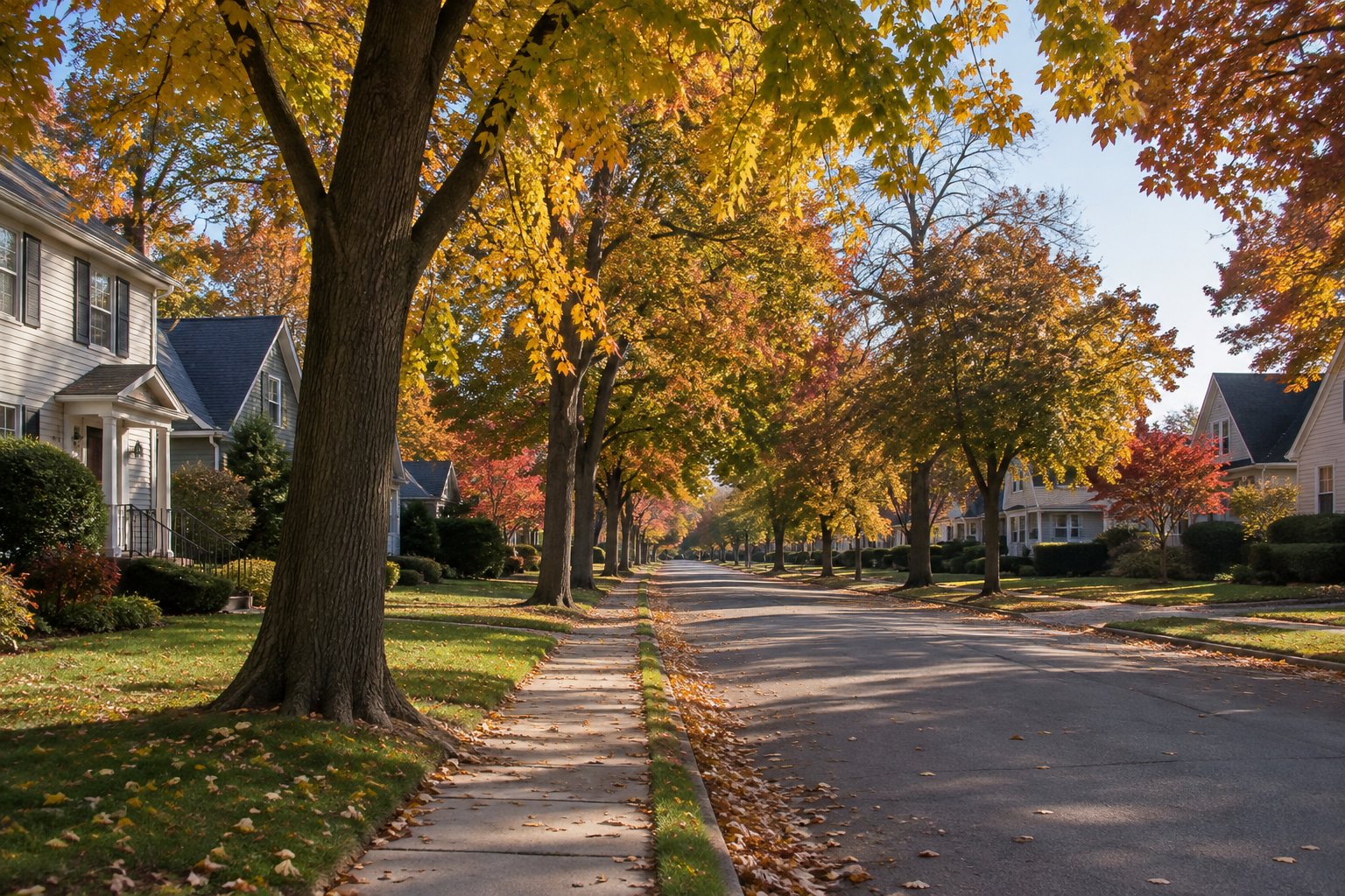 A tree lined Macomb County street in the morning