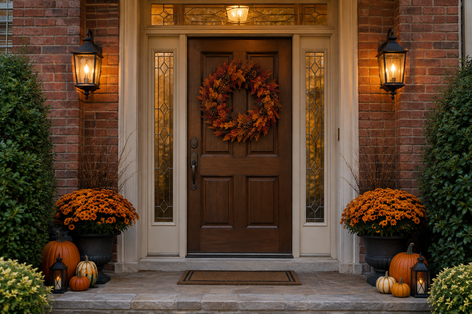 A Metro Detroit entryway with a wood front door